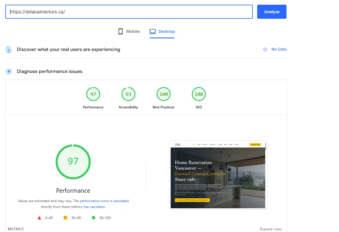 DELANA Interiors West Vancouver web design pricing proof — 97 desktop PageSpeed and 100 of 100 Google SEO score