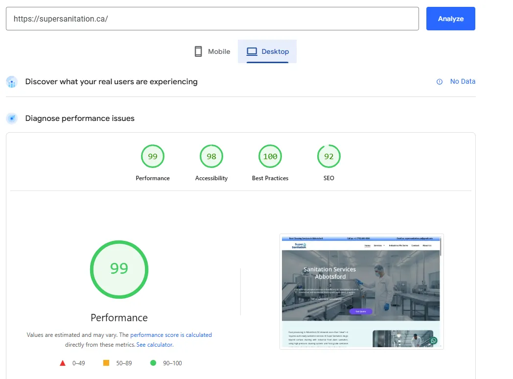Super Sanitation Abbotsford SEO pricing proof — Google PageSpeed 99 desktop and #1 ranking for sanitation services Abbotsford